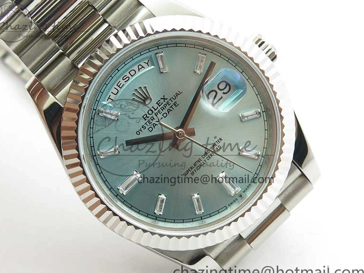 0417 SoftTouch Day-Date 40mm 228239 BP New Dial Version 904 SS Ice Blue T Crystal Markers Dial on SS President Bracelet A 2822